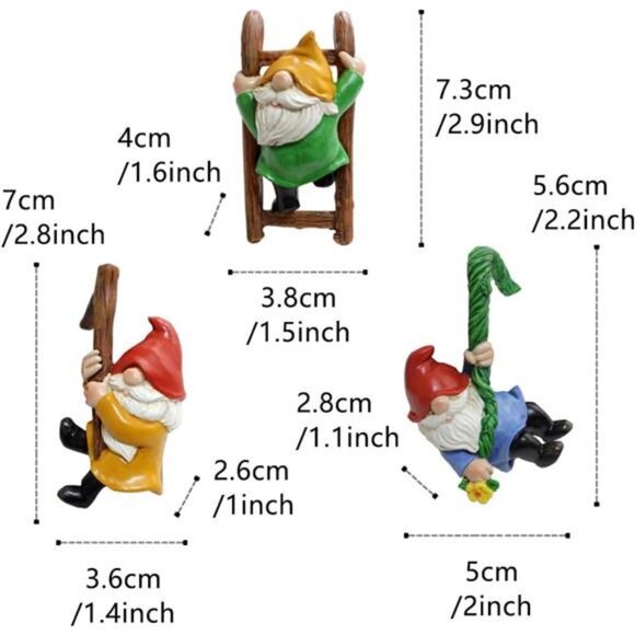 Set of 3 Garden Gnome Statues for Plant Pots Whimsical Climbing Dwarf Figurines - Picture 3 of 7